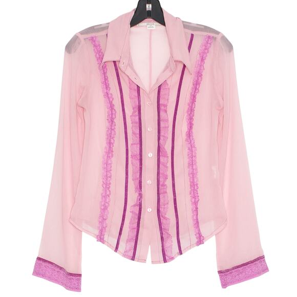 Kimchi Blue Top Coquette Romantic Feminine Sheer Fairy Lace Button Up Pink Small - Picture 1 of 5